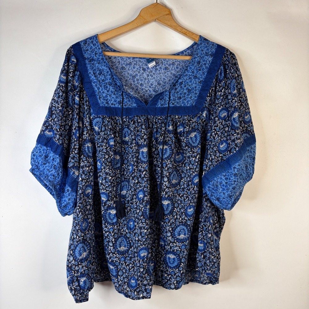 Old Navy Blouse Women 3X Blue Floral Boho Tassel Square Neck Short Sleeve